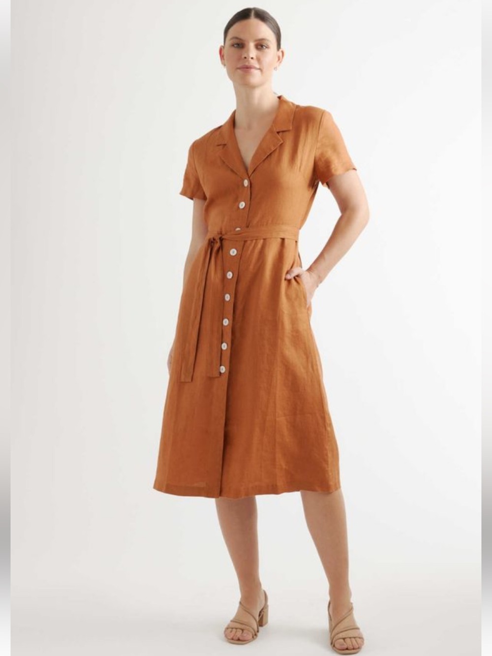 Quince 100% European Linen Button Front Belted Midi Dress Terracotta Orange M
